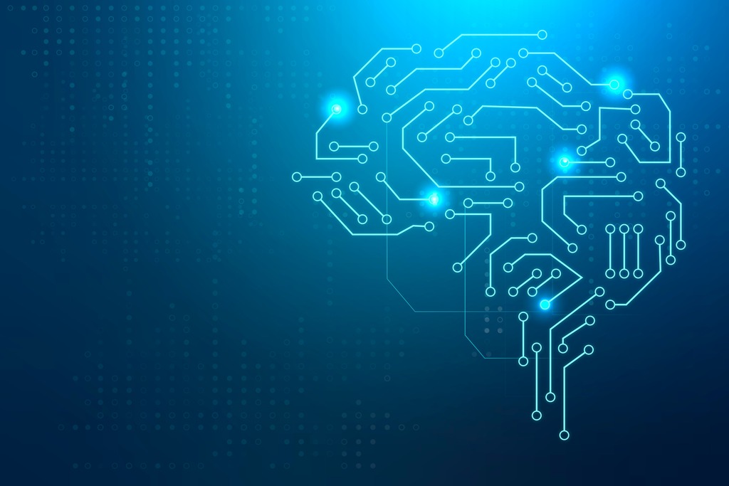 Imagem azul com um cérebro desenhado na forma de chip de tecnologia, ilustrando a inteligência artificial no direito.